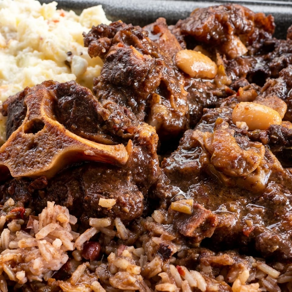 Close-up of braised oxtail with gravy, rice and beans, and creamy mashed potatoes in a black takeout tray.