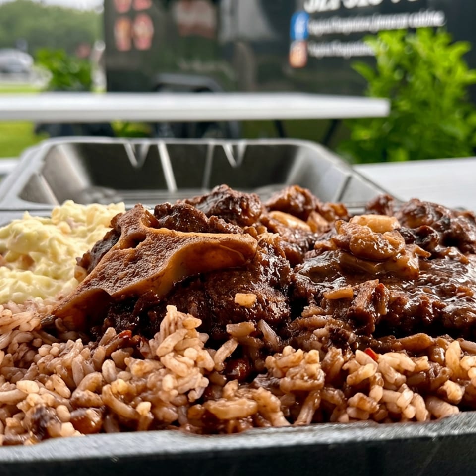 Platter of seasoned rice, grilled meat, creamy coleslaw, and vegetables served outdoors on a picnic table.
