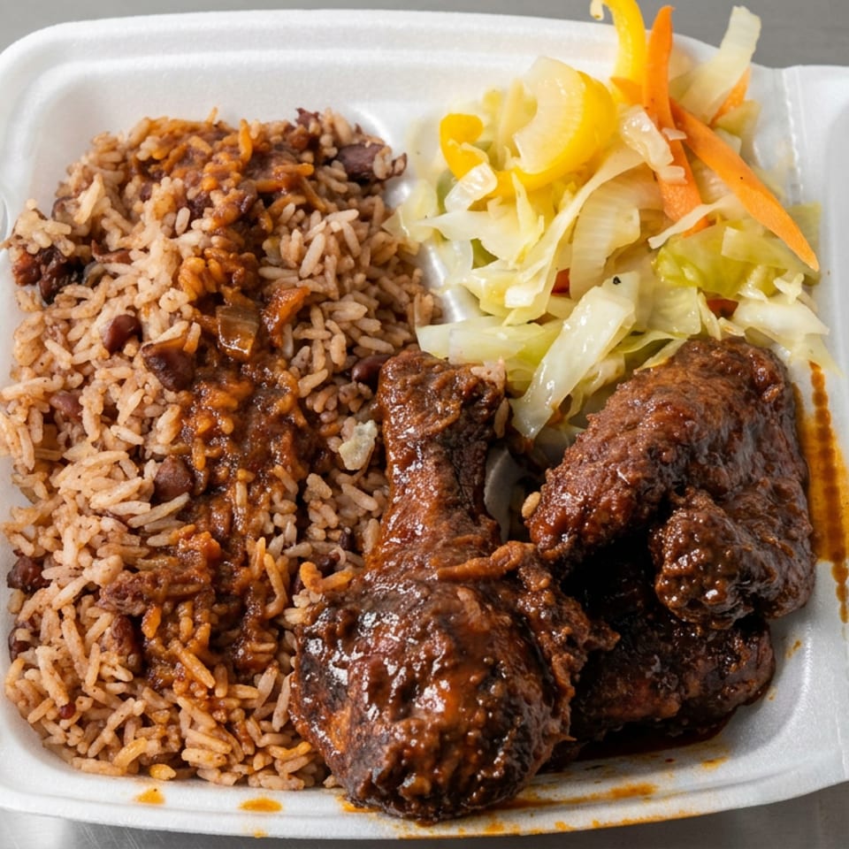 Takeout container filled with seasoned rice, saucy braised meat, and shredded lettuce and carrot salad.