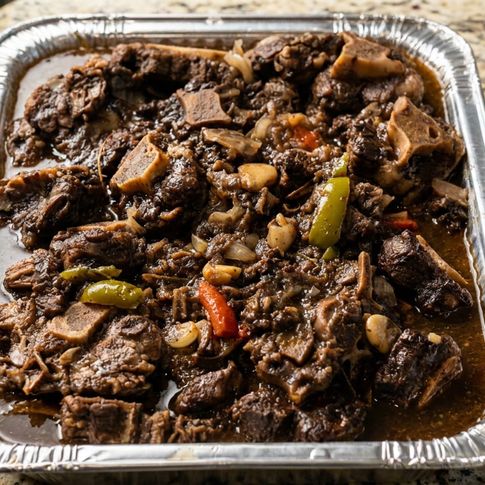 Tray of braised meat and mushrooms in dark sauce with onions and green and red peppers on a granite countertop.