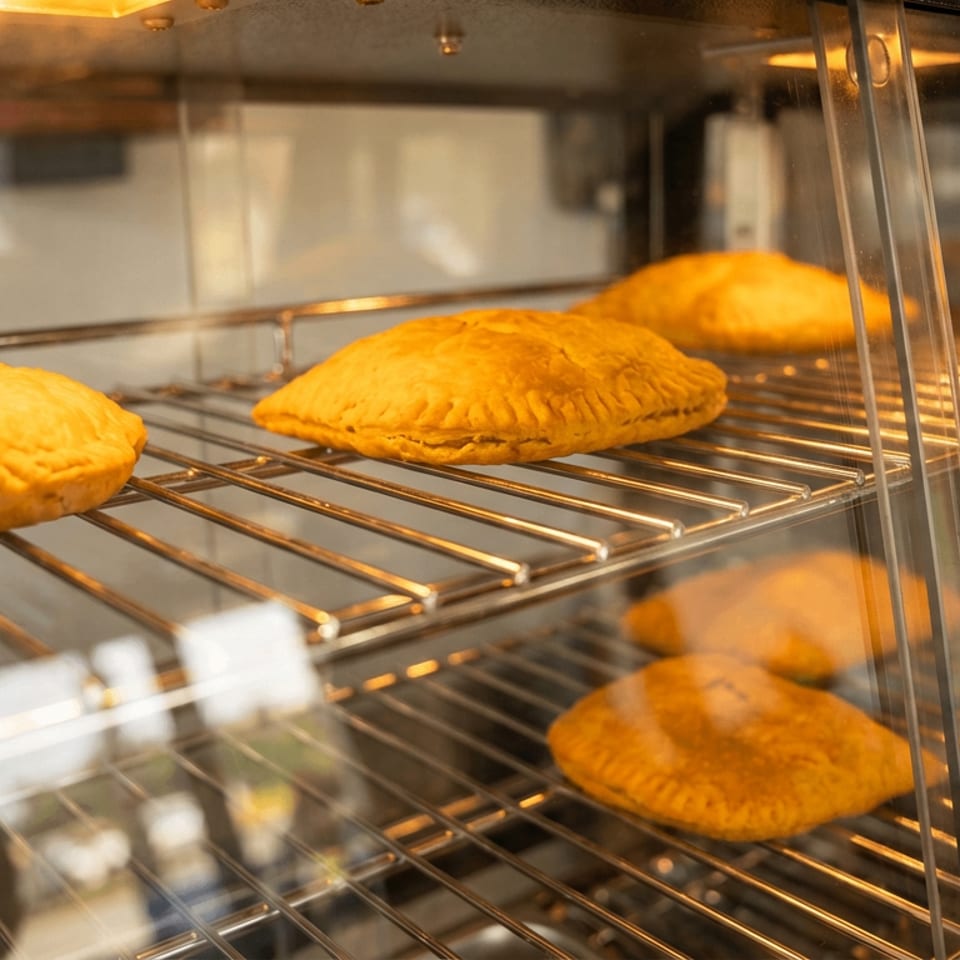Golden-brown hand pies displayed on wire racks inside a warmly lit bakery display case.